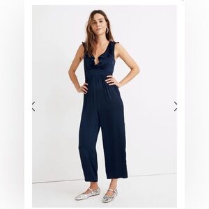 NWT Madewell Satin Ruffle-Neck Jumpsuit Navy Blue Size 2